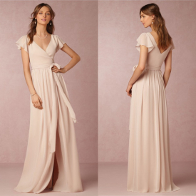2021 Bridesmaid Dresses Cheap A-Line V-Neck Short Sleeve Split Chiffon Nude Pink Maid Honor Special Occasion Dresses For Wedding