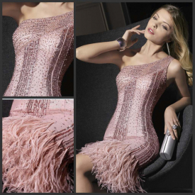 2020 Cocktail Dresses One Shoulder Sexy Sheath Beaded Backless Sexy Mini Party Queen Dress Feather Short Prom Dresses