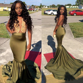 Sexy Long Prom Dress Deep V neck Sleeveless Lace Top Stretch Satin Floor Length Black Girl Mermaid African Prom Dresses 2021