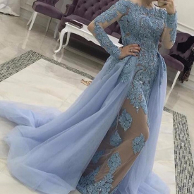 2019 Jewel Mermaid Evening Dresses Long Sleeves with Tulle Detachable Overskirt Illusion Lace Trumpet Appliques Celebrity Gowns Floor Length