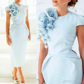 Elegant Formal Evening Dresses with Hand Made Flower Pageant Capped Short Sleeve 2019 Tea-Length Sheath Prom Party Cocktail Gown DTJ