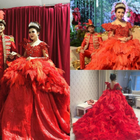 Major Beading Ball Gown Vintage Wedding Dresses With Sleeves Feather Lace Bridal Gowns Red Wedding Dress Long Train