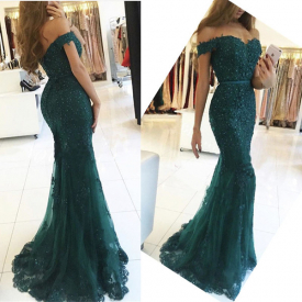 Forest green 2019 New Mermaid Evening Dresses Long Tiered Skirts Off-Shoulder sleeveless Zipper Floor-length Tulle Beaded Lace Prom Dresses