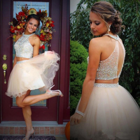 2021 Two Pieces Halter Homecoming Dresses Sweet 16 Dresses Beading Crystal Top Tulle Short Party 8th Grade Graduation Prom Dress Cocktail
