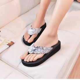 wholesale- toyl platform thong wedge beach sandals women slippers slip-resistant paillette beach flip flops silver