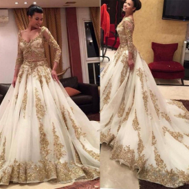 Luxury Gold Beads Wedding Dress With Long Sleeves Two Pieces Plus Size Wedding Gowns Vintage Sexy Sheer Bridal Dresses