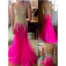 2021 Beaded Sexy Back Mermaid Dresses Evening Wear Sweep Train Crystal Sequins Formal Evening Dress Prom Gowns Long Party Dress Plus Size