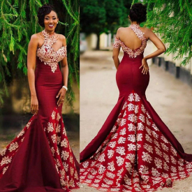 Aso Ebi Style Dark Red Sexy Mermaid Evening Pageant Dresses Modest Lace High Neck Backless Sweep Train Trumpet Africa Prom Party Gowns