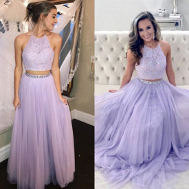 New Lavender Two Piece Prom Dresses Halter Lace Tulle Floor Length Backless Evening Dresses With Beading