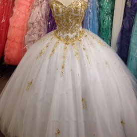 2018 New Beautiful Ball Gown Beading White Gold Embroidery Quinceanera Dresses For 15 Years Sweet 16 Plus Size Prom Party Gown QC1019