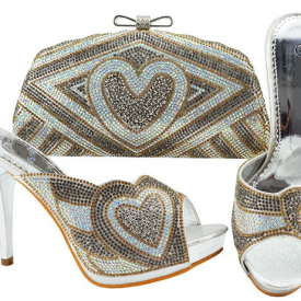 Good selling silver women pumps with heart pattern rhinestone bag for dress african shoes match handbag set JZC005
