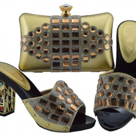 Wonderful gold women pumps and bag with big crystal african shoes match handbag set for dress FGT003,heel 10CM