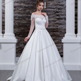 Elegant White Satin Sleeves Applique A-Line Garden Wedding Dresses Bridal Pageant Dresses Wedding Attire Dresses Custom Size 2-16 ZW610103