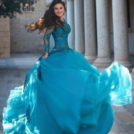 Long Sleeve Prom Dress Sheer Jewel Neck Appliques Lace Beaded Long Evening Dresses vestidos de fiesta