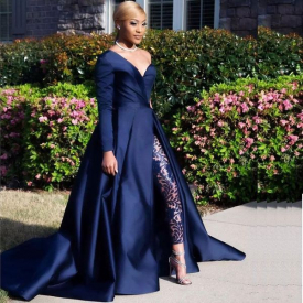 2018 Modest Royal Blue Jumpsuits Two Pieces Prom Dresses One Shoulder Front Side Slit Pantsuit Evening Gowns Party Dress
