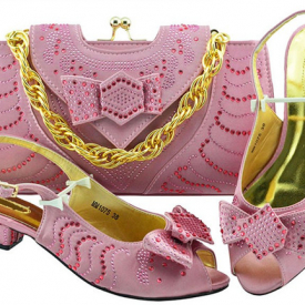 Good looking pink women kitten heel shoes with bowtie rhinestone bag for dress african shoes match handbag set MM1075