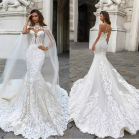 2019 Vintage Mermaid Lace Wedding Dresses With Cape Sheer Plunging Neck Bohemian Wedding Gown Appliqued Plus Size Vestidos De Novia BA9313