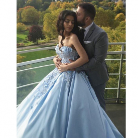 New Arrvial Ball Gown Prom Party Dress Sweetheart Sweep Train Blue Satin Evening Gown with Appliques