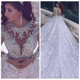 2019 Custom O-Neck Long Sleeve Lace Wedding Dresses Sequins Appliques Beaded Crystal Bridal Gowns Sheer Wedding Gowns Robe De Mariage E27