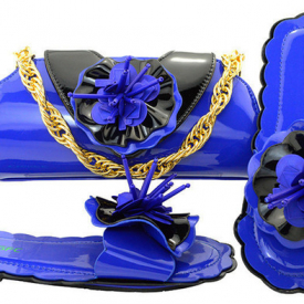 Elegant royal blue low heel 0.5CM sandals with flower decoration african shoes match handbag set for dress MM1053