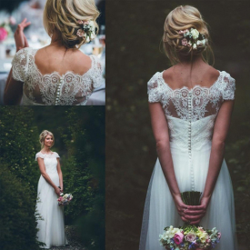 Beach Wedding Dresses Vestido De Novia Forest Boho Long Short Sleeves Scoop Neck Tulle Button Back A Line Bridal Gowns