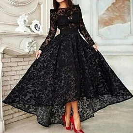 2017 New Elegant Black Long A Line Elegant Prom Evening Dress Long Sleeve Lace Hi Lo Party Gown Vestido De Festa QC1111