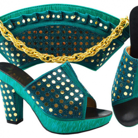 popular teal wemon pumps with rhinestone african dress shoes match handbag set mm1069,heel 9.5cm