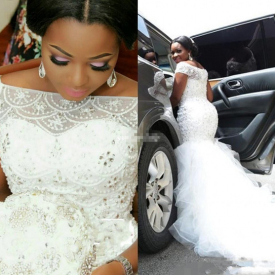 Plus Size Arabic Nigerian Wedding Dresses Beading Tiered Short Sleeves Long Chapel Train Tulle 2020 Mermaid Bridal Gowns