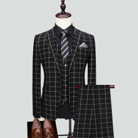 Fashion Men Suit Black Check Design Suits 3 Pieces 2 Button Groom Wedding Formal Tuxedos Plaid Business Men Wear