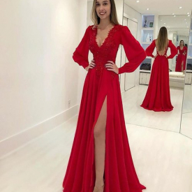 2022 Sexy Red A Line Chiffon Prom Dress Deep V Neck Long Sleeves Lace Appliques Dresses Evening Wear Formal Occasion Gowns
