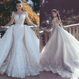 2020 New Mermaid Lace Wedding Dresses With Detachable Train Sheer Neck Long Sleeves Beaded Overskirt Dubai Arabic Bridal Gowns