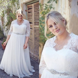 Plus Size Wedding Dresses With Crystals Sash Half Sleeve Vestidos De Novia Boho Chiffon Bridal Gown
