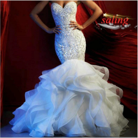 Crystal Beading Wedding Dresses with Cascading Ruffles Skirt Abiti da Sposa Sirena Mermaid Strapless Beaded Wedding Dress Bridal Gowns
