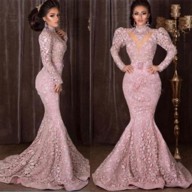 High Neck Long Sleeves Mermaid Prom Dresses Full Lace Evening Dress Vintage Baby Pink African Muslim Formal Gowns