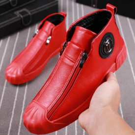 High top shoes male sutures double safety celebrity casual shoes fashionable male Martin shoes red with velvet side zipper board shoe V1.17