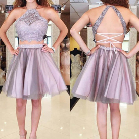 Two Pieces Light Purple Homecoming Dresses Halter Neck Sleeveless Backless Short A-line Lace Tulle Cocktail Dresses 58