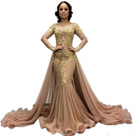 Long Sleeves Overskirts Trumpet Evening Dresses Dubai Arabic Beaded Tulle Formal Party Gowns Detachable Train Mermaid Prom Dress