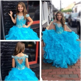 Sky Blue Ball Gown Girl Pageant Dresses Crystals Beaded Cap Sleeves Backless Princess Birthday Gowns Kids Formal Wears Flower Girl Dress 56