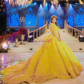 2019 Long Beauty Princess Yellow Ball Gown Quinceanera Dresses 3D Flower Appliques Backless Prom Party Gowns Court Train Evening Wear