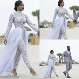 Gorgeous Jumpsuits With Detachable Train Wedding Dresses High Neck Beads Crystal Long Sleeves Modest Wedding Dress African Bridal Gowns