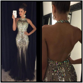 2019 Black Halter Crystal Beading Tulle Mermaid prom dress special occasion floor length sleeveless formal party evening gowns