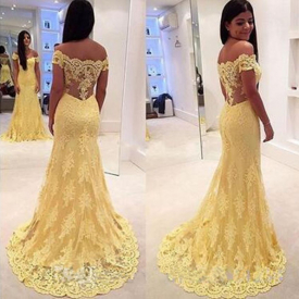 2019 New Boat Neck Lace Formal Party Dress Court Train Sleeveless Vestidos Charming Yellow Off The Shoulder Evening Dress 2018
