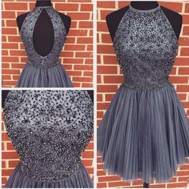 Grey Robe de soirée Short Cheap Homecoming Dresses Beaded Pearls Keyhole Backless A line Prom Dress Party Gowns Graduation Dresses