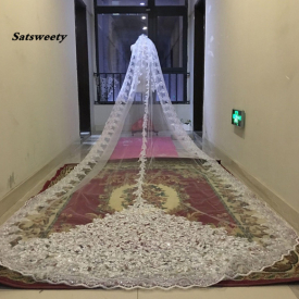 Bling Bling Sequins Beads Cathedral Bridal Veils Appliques Lace Edge Crystals 1T With Comb Attached Custom Made Long 5 M Wedding