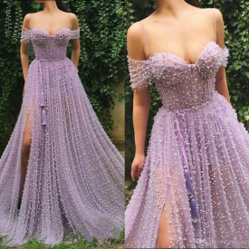 New Arrival Purple A Line Prom Dresses Sheer Neck Off Shoulder Tulle Pearls Side Split Floor Length Formal Dress Evening Gowns ogstuff