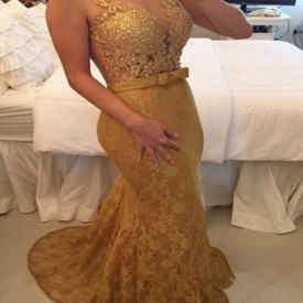 Gold Mermaid Prom Dress 2019 Lace Appliques Beads Elegant Evening Gown Sleeveless robes de soirée Mother Of The Brides Dress