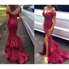 Off Shoulder Floor Length Split Mermaid Sexy Evening Dresses Sequins Vintage Special Occasion Dresses Prom Dresses