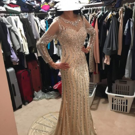 New Beaded Gown Evening Dresses Luxury Gray/Champagne Mermaid Crystal Sweep Train Long Sleeves Gray Sheer Neck Prom Formal Party