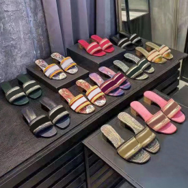 fashion Medium heel slippers Summer luxury woman beach Alphabet Slippers Designer Rough sandals Knitted cloth Embroidery woman shoes 35-42