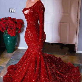 Red Sequined Mermaid Evening Dresses 2020 Plus Size One Shoulder Long Sleeve Sequined Keyhole Black Girls Party Prom Gowns vestidos
